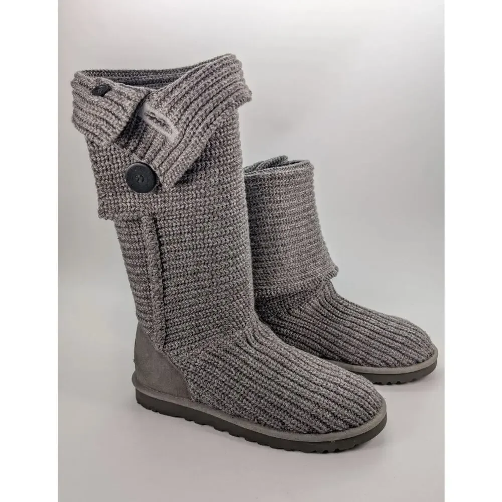 UGG Classic Cardy Boots Gray Knit Uncycled Wool Pull-On Winter 5819 Size 7